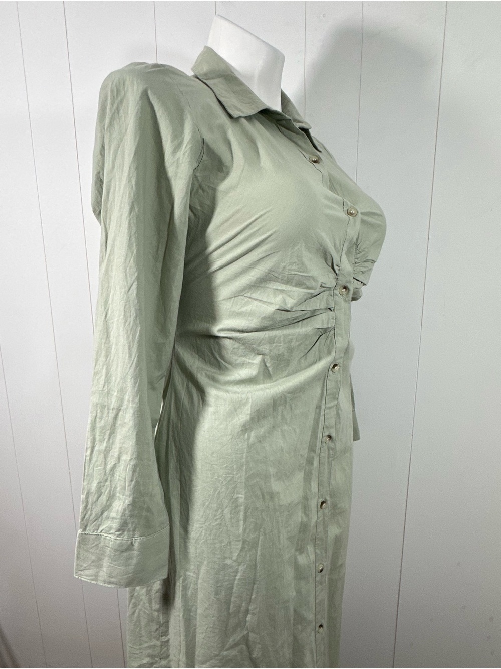 NEW Sim & Sam XL Dress 100% Cotton Midi Sage Green Long Sleeve Button Front - Picture 4 of 16